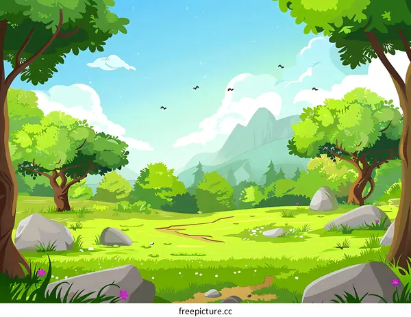 Beautiful Cartoon Landscape With Green Trees And Mountains