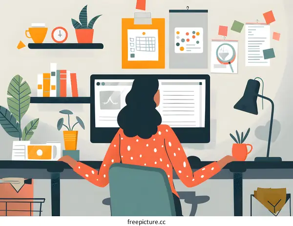 Woman Working at Home Office Desk with Computer