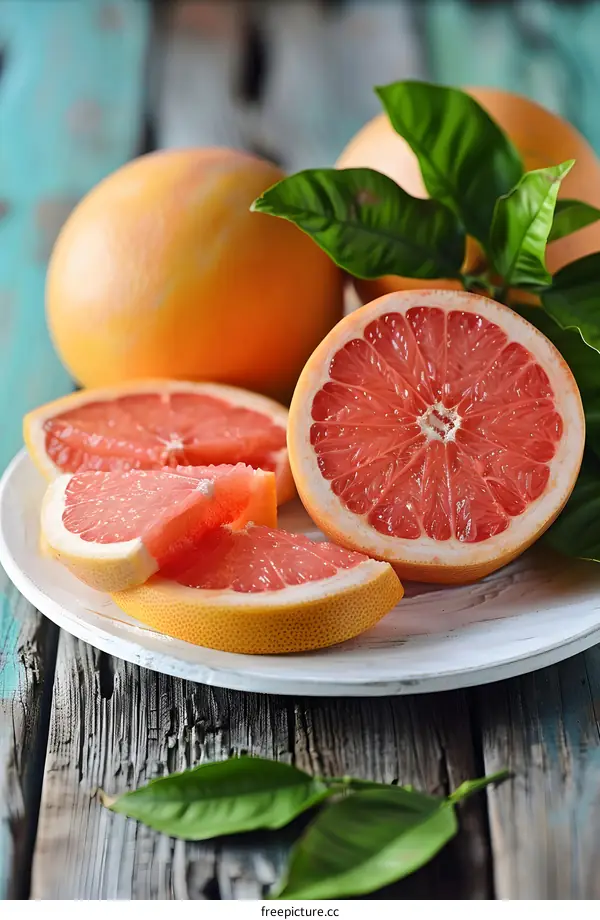 Fresh Grapefruit Slices on White Plate with Green Leaves