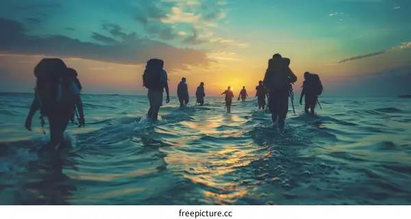 People walking through shallow water at sunset