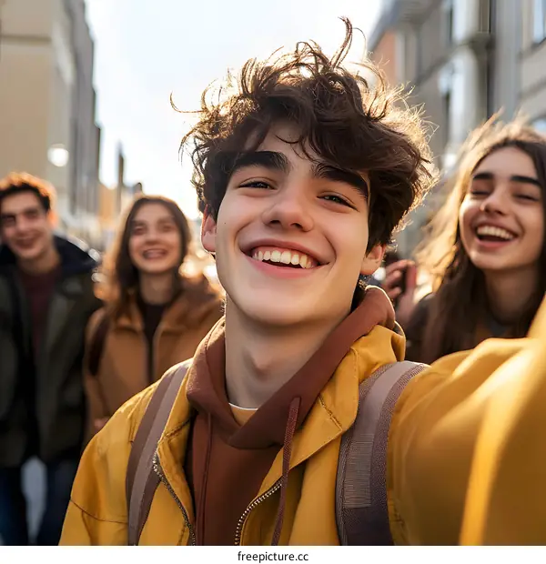 Smiling Friends Taking Selfie in City Street
