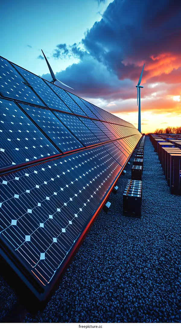 Solar Panels at Sunset with Wind Turbines