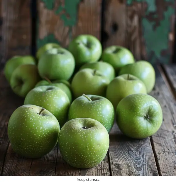 A Pile of Green Apples on a Wooden Table