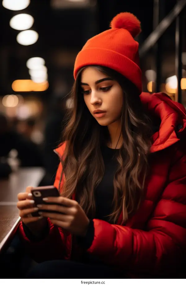 Young woman in red jacket using smartphone