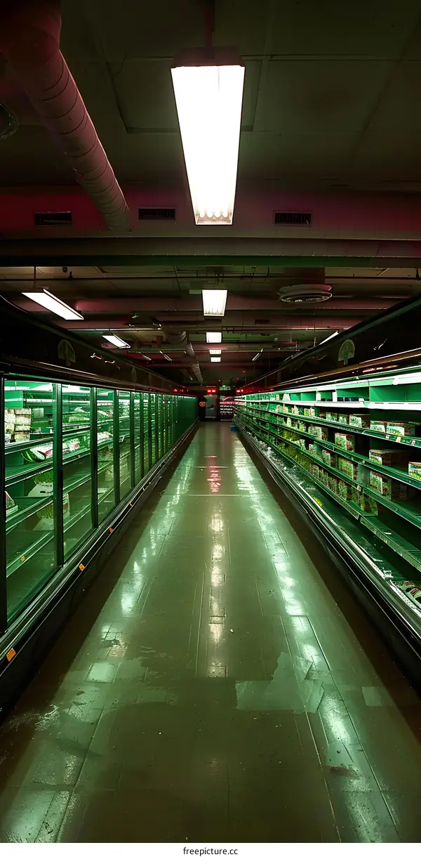 Empty Supermarket Aisles with Fluorescent Lights