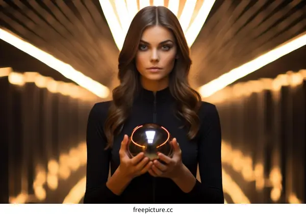 A woman in a black suit holding a glowing ball in her hands
