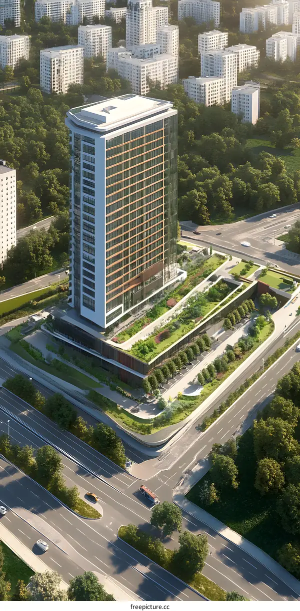 Aerial View of Modern Office Building with Green Roof