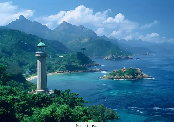 Lighthouse on a Coastline with Mountains in the Background