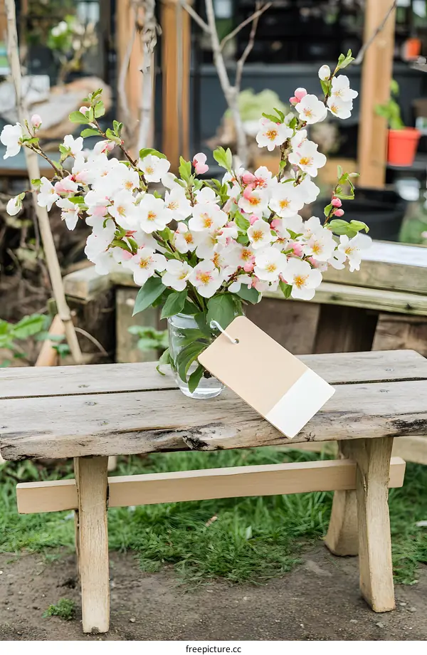 White Blossoms in a Glass Jar on a Wooden Bench
