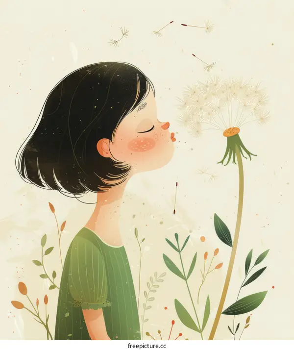 Little girl in field blowing dandelion seeds