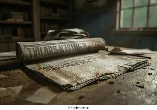 Old newspaper on a wooden table