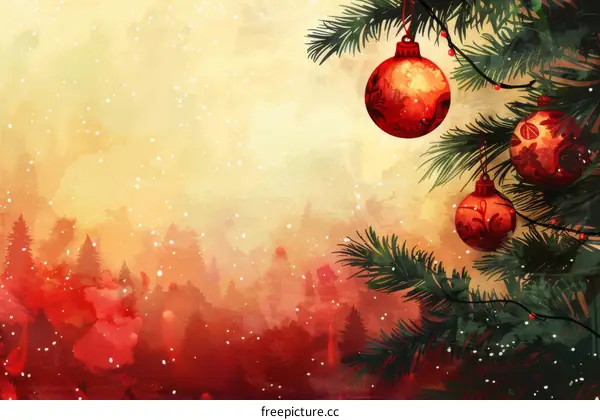 Christmas Tree Branch with Red and Gold Christmas Ornaments