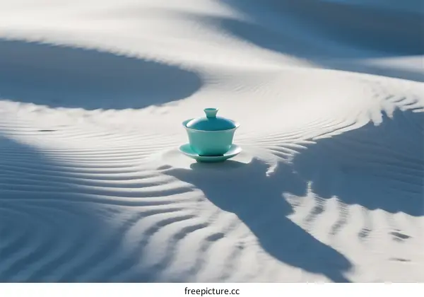 A small teacup with lid and saucer on soft white sand