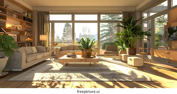 Indoor living room with large windows and plants