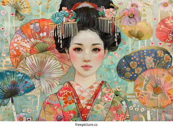 A woman wearing a kimono with a fan pattern and a flower hairpin