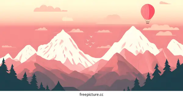 Pink Mountain Range Landscape With Hot Air Balloon