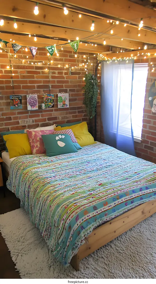Bedroom Decor with String Lights and Colorful Bedding