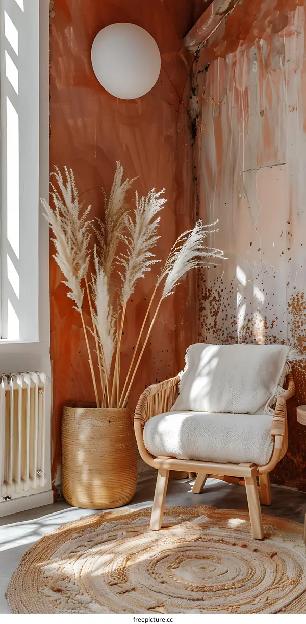 Bohemian Style Living Room Interior Design With Pampas Grass And Round Jute Rug