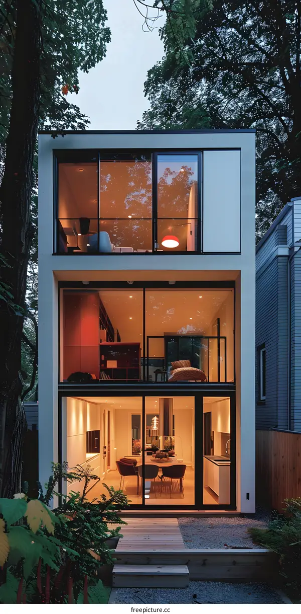 Modern Glass House with Wooden Deck and Backyard