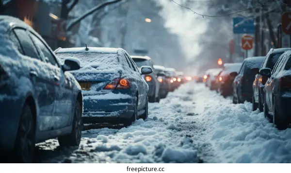 Cars stuck in snow on a city street