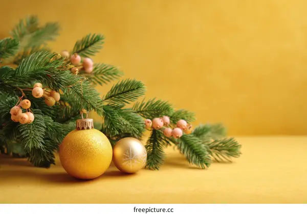 Golden Christmas Ornaments and Fir Branches on a Mustard Background