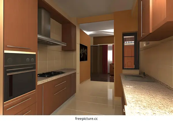 Modern Kitchen Interior Design With Brown Cabinets and Granite Countertop