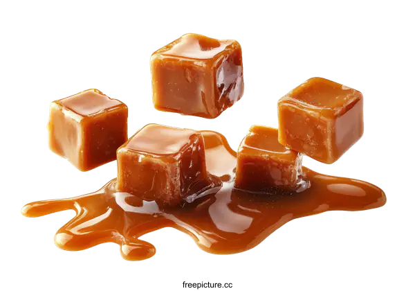 [Transparent Background PNG]Caramel Cubes Dropping into Melted Caramel