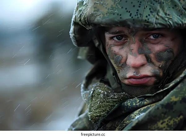 Portrait of a Russian soldier in winter camouflage