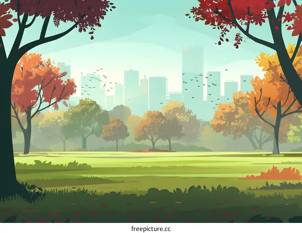 Fall Landscape with City Skyline