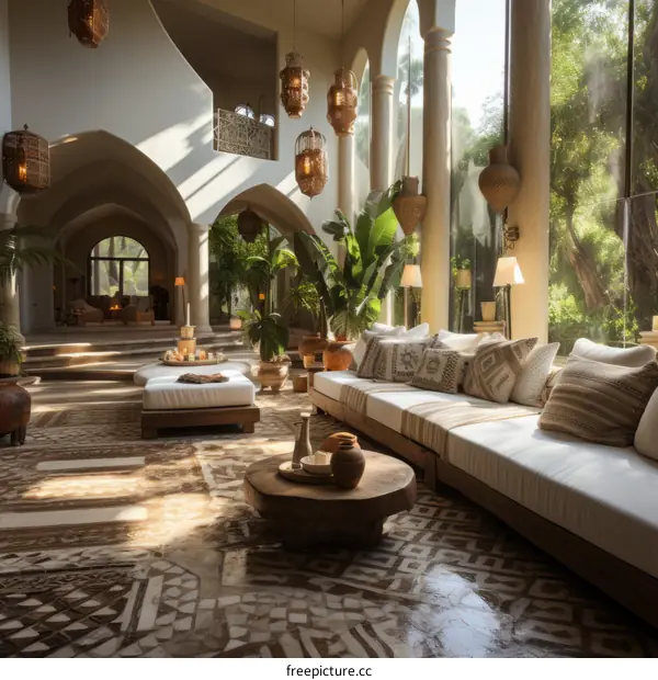 Bright living room with white sofa and patterned pillows