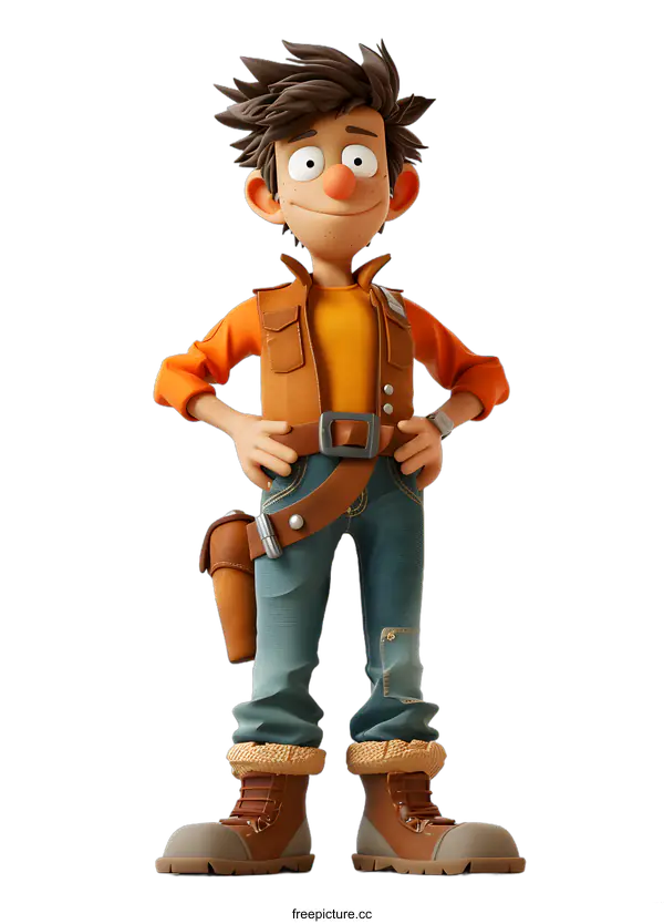 [Transparent Background PNG]Cartoon Character of a Man Wearing a Brown Jacket and Blue Jeans