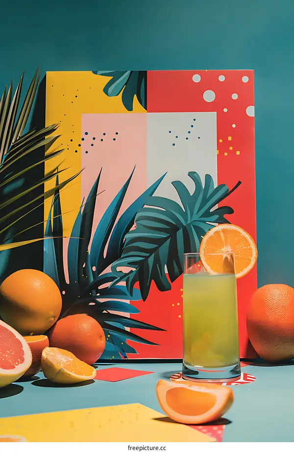 Tropical Summer Cocktail With Orange Slices and Palm Leaf