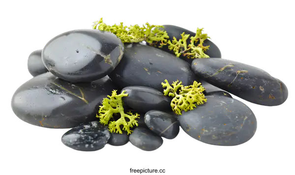 [Transparent Background PNG]Smooth Black Stones and Green Plants on a White Background