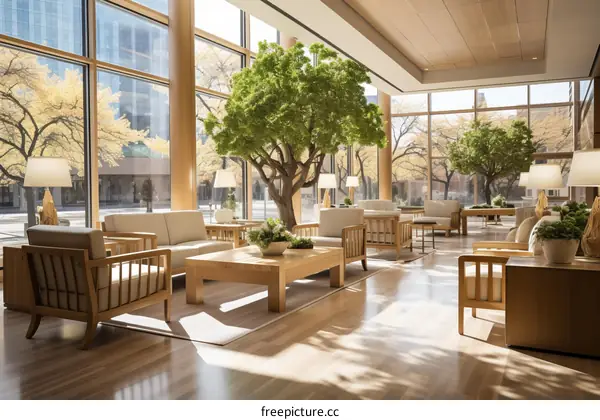Office lobby interior with large tree