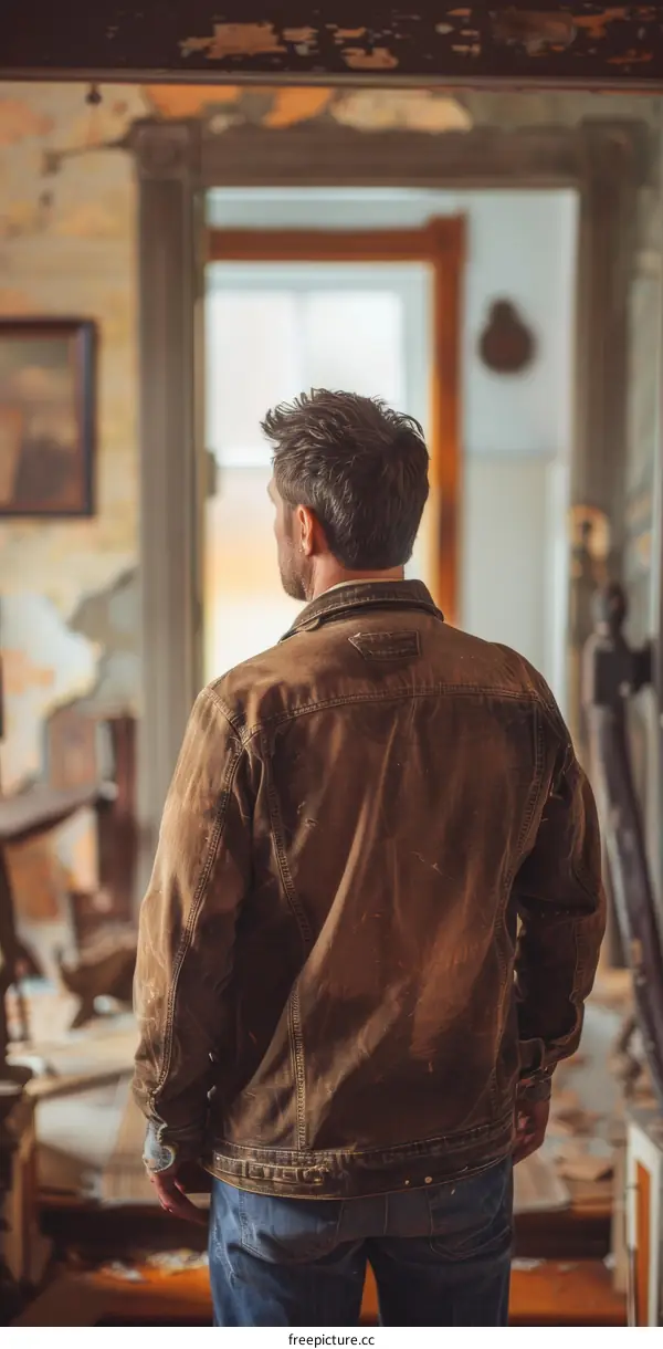 man wearing brown jacket looking through door