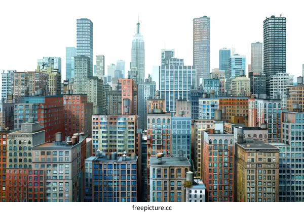 A dense cityscape with many tall buildings