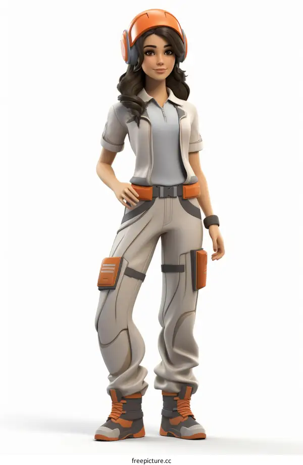 A female construction worker wearing a hard hat and tool belt