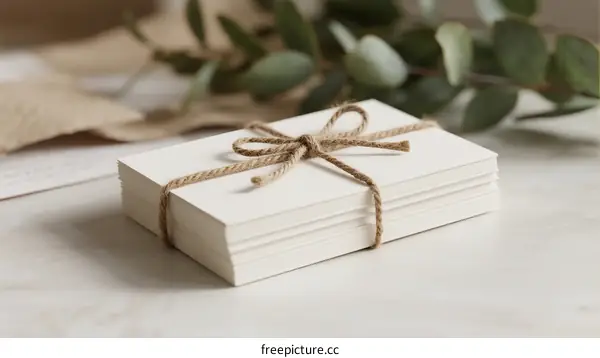 Stack of White Gift Cards Tied with Rope on Table