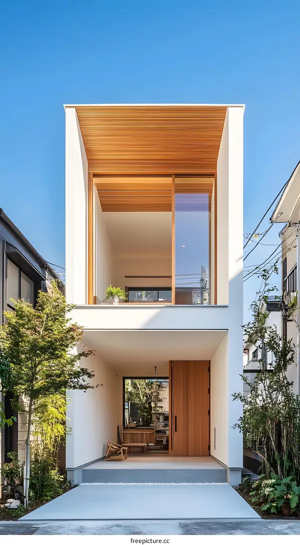Modern Japanese House with Wooden Accents and Glass Windows