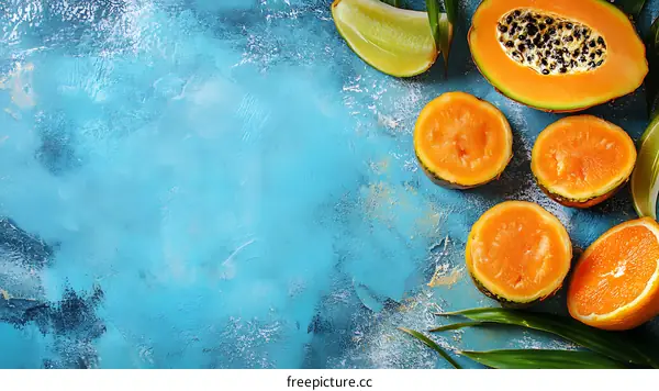 Fresh Tropical Fruit on Blue Background