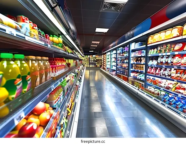 Grocery Store Interior with Colorful Products and Shelves