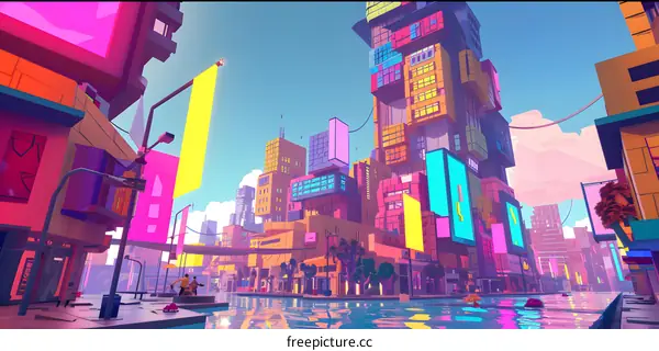Futuristic City Street Art Illustration with People