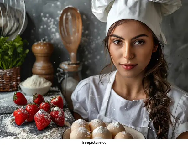 Portrait of a beautiful young woman chef in a white toque