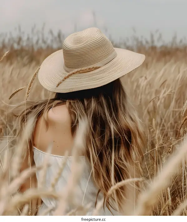 Woman in a Straw Hat in a Field of Wheat