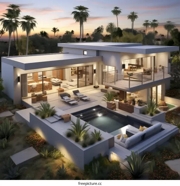 Modern luxury house with pool and palm trees