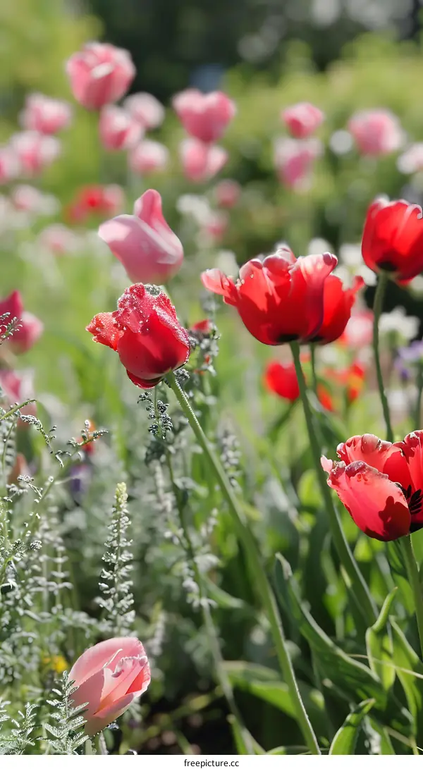 Close Up Of Red And Pink Tulips In A Garden