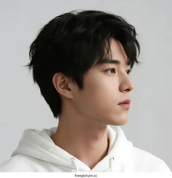 Young man with black short wavy hair wearing white hoodie