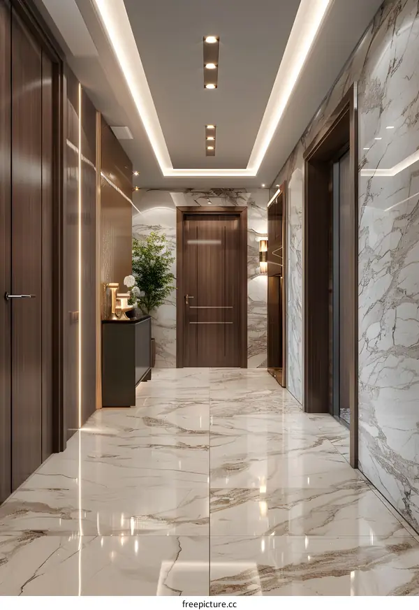 Modern Hallway Interior Design With Marble Flooring and Wooden Doors