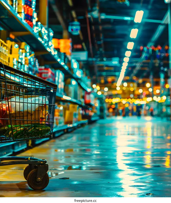 Shopping Cart In Supermarket Aisle With Blurred Background
