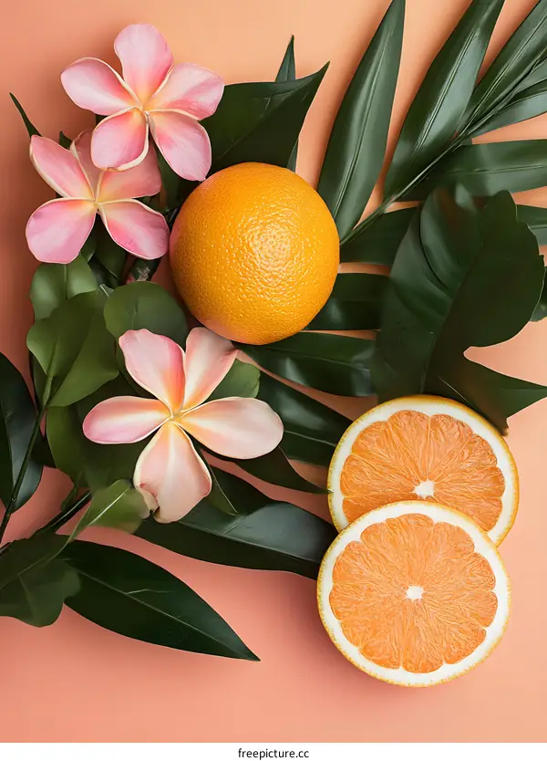 Tropical Fruits and Flowers on a Pink Background